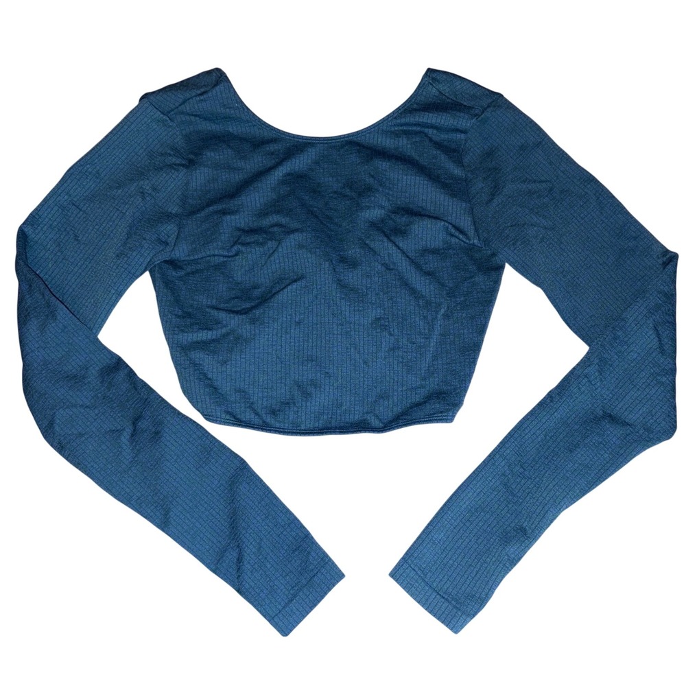 JoyLab‎ Women Teal Blue Waffle Knit Cropped Twist Back Yoga Top Long Sleeve, M